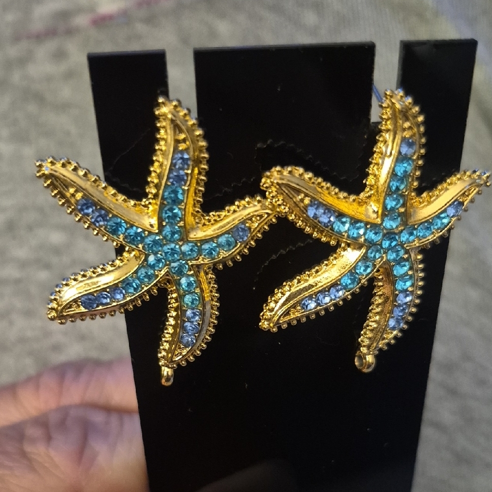 Vintage Art Deco Gold With Blue Crystal Rhinestone Starfish Earrings - Picture 4 of 7